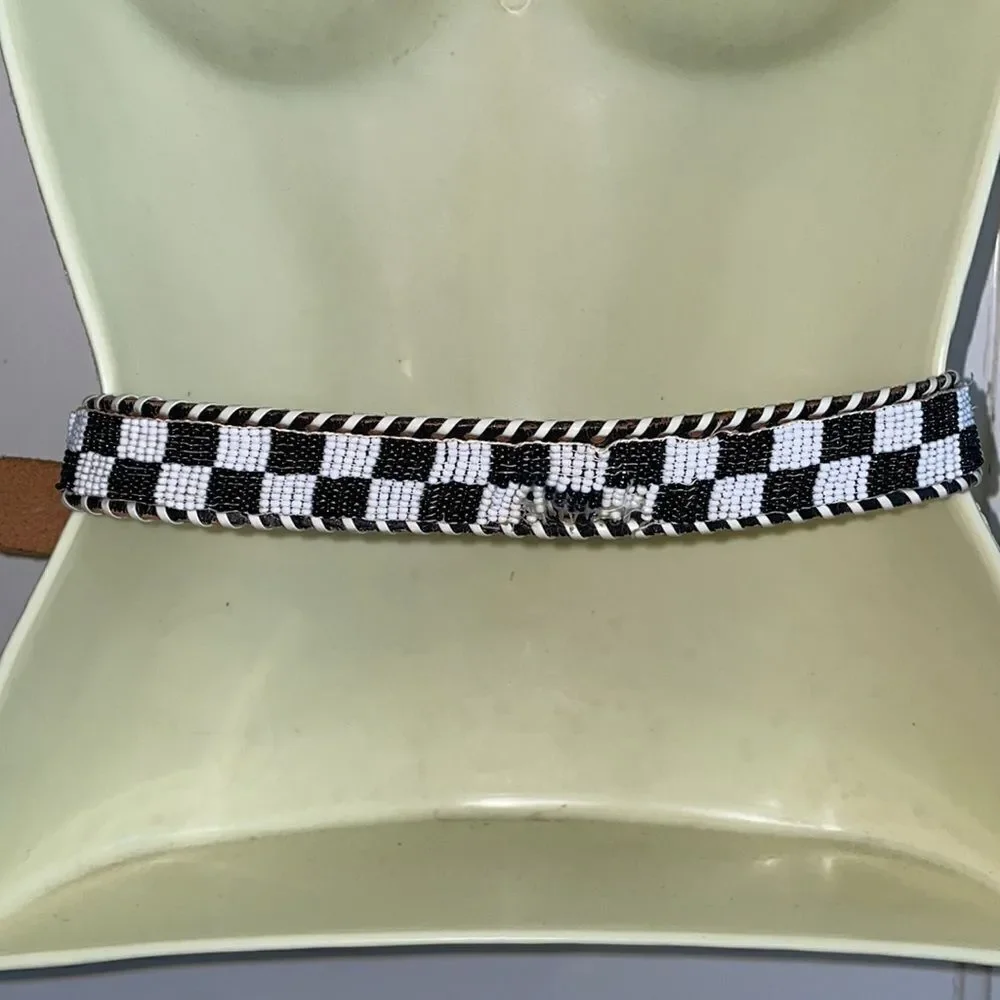 Vintage 80s Esprit black leather beaded black & white‎ check belt